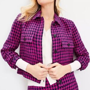 Loft HoundstoothTextured Cropped Shirt Jacket Pink Navy Size XXS